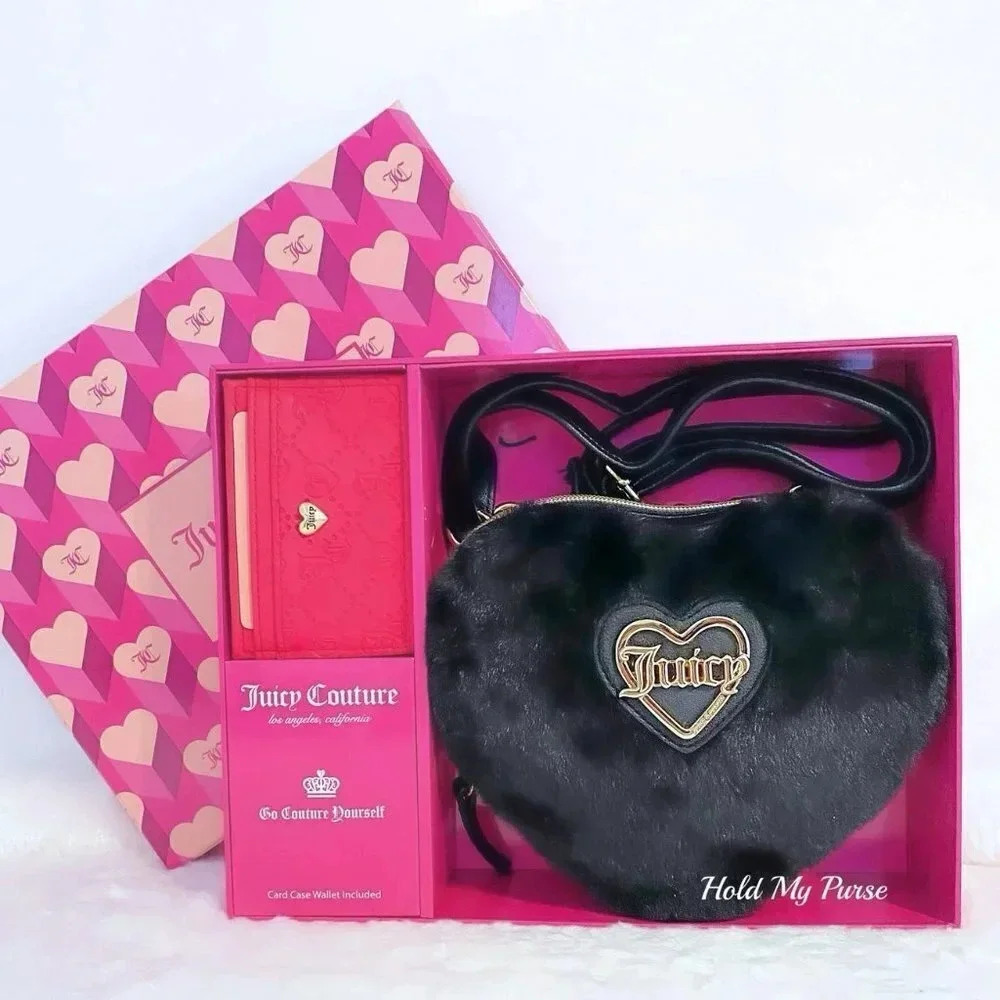Juicy Couture Faux Fur Black Heart Crossbody Bag & Pink Card Case Wallet Set - Picture 5 of 11